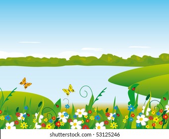 Flowers on the river bank. Vector illustration