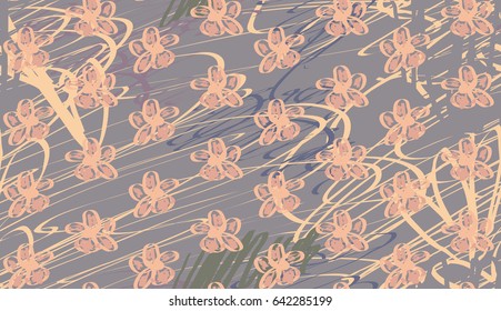 Flowers on roughly scribbled textured background.Abstract seamless pattern. Universal bright background for greeting cards, invitations. Had drawn ink and marker watercolor texture.
