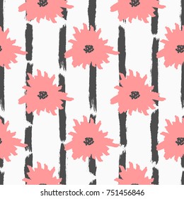 Flowers on striped background painted with rough brush. Floral seamless pattern. Grunge, sketch, graffiti, watercolour. Pink, white, black. Vector illustration.