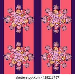 Flowers on striped background. Seamless vector pattern.