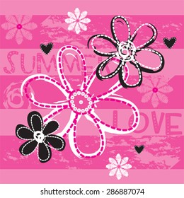 flowers on striped background, T-shirt design vector illustration