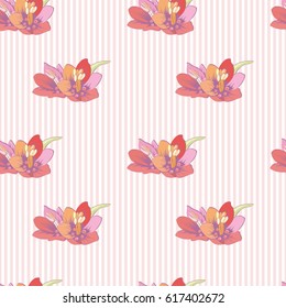 Flowers on a striped background. Vector seamless pattern for design of wallpaper, wrapping paper, textiles and surfaces