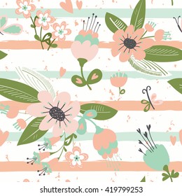 Flowers on striped seamless pattern. Horizontal brush strokes repeating background. Vector illustration.