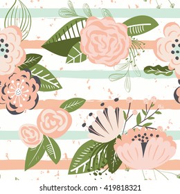 Flowers on striped seamless pattern. Horizontal brush strokes repeating background. Vector illustration.