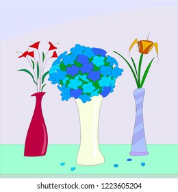 flowers on the table in vases drawn in a simple style