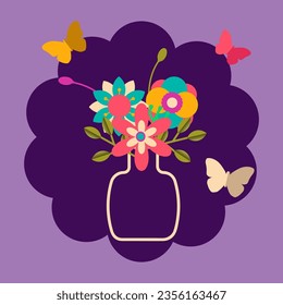Flowers on a vase and Butterflies paper cut art on purple background. Vector Ilustration. EPS10