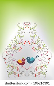 Flowers on the vector cute cartoon bird cage birds. Stylish floral card. Summer background in bright colors