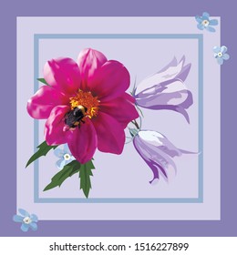 Flowers on violet - blue background with a frame. Lilac bells and a pink flower with a bumblebee, forget-me-nots. Card, congratulations, design element. Stylish postcard in calm natural shades. 