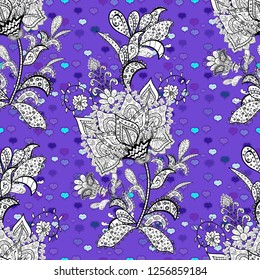 Flowers on violet, white and black colors in watercolor style. Watercolor seamless pattern. Floral print.