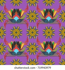 Flowers on violet, yellow and gray colors. Seamless Colour Spring Theme seamless pattern Background. Cute flower vector pattern. Flat Flower Elements Design.