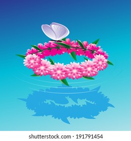 Flowers on water with leaves and a butterfly.