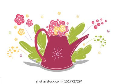 Flowers on a watering can surrounded by plants and flowers .Picture for postcards and banner. Garden 