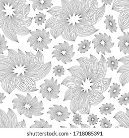 Flowers on a white background. Outlines illustration. Vector seamless pattern. Design for cloth, print, card, wrapping, wallpaper. 