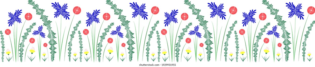  flowers on a white background, vector, red, green, blue, yellow, Petrykivka painting, Ukraine