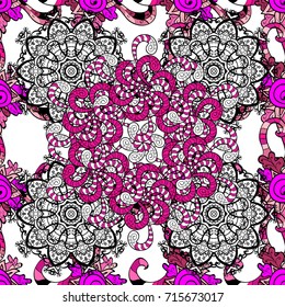 Flowers on white, magenta background. Abstract seamless pattern with hand drawing flowers. Vector illustration.