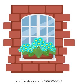 Flowers on the window, brick wall with white window, vector illustration in flat style, cartoon, isolated.