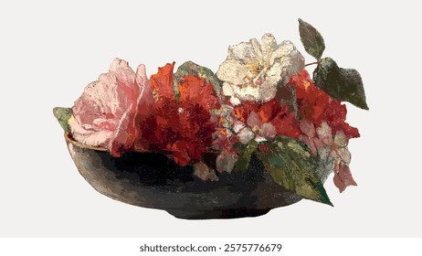 Flowers on a Window Ledge, vintage still ife illustration by John La Farge isolated on white, vector. Vintage beautiful flower illustration, hand drawn floral vector isolated on white background.