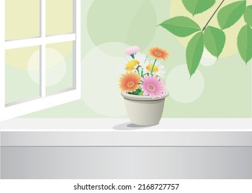 Flowers on the window sill bathed in sunlight.vector illustration