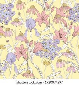 Flowers on a yellow background. Floral vector seamless pattern with lilies, dandelions, phlox and irises.