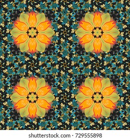 Flowers on yellow, gray and blue colors. Cute Floral pattern in the small flower.