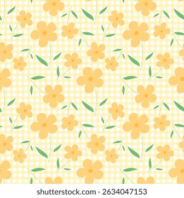  Flores sobre fondo amarillo y blanco, patrón de tela, patrón a cuadros, papel de regalo, patrón transparente 