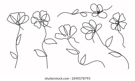 Blumen Eine kontinuierliche Linie Art. Handgezeichnet Botanische Blumenzeichnung Sammlung Vektor Illustration.
