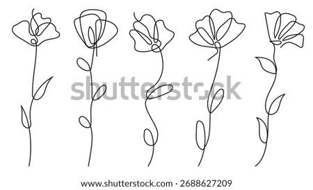 Flowers one continuous line art hand drawn botanical elements collection.Vector illustration