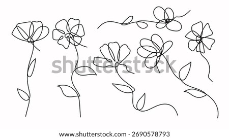 Flowers One Continuous Line Art. Hand Drawn Botanical Floral Drawing Collection Vector Illustration.