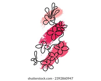 flowers one line art and a set of brush strokes paint on a white background