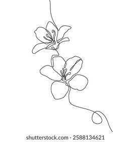 Flowers One Line Drawing. Vector Hand Drawn Outline Floral Design. Simple Botanical Floral Contour Art. Black Sketch Isolated on White. Great for Prints, Tattoo, Wall Art, Invitation, Greeting Card. 