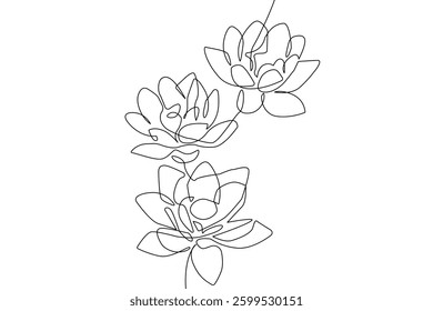 Flowers One Line Drawing. Vector Hand Drawn Outline Floral Design. Simple Botanical Floral Contour Art. Black Sketch Isolated on White. Great for Prints, Tattoo, Wall Art, Invitation, Greeting Card. 