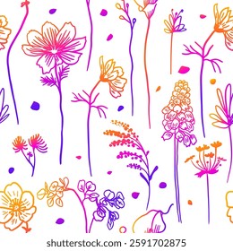 Flowers one line seamless background. hand drawing. Not AI, Vector illustration.