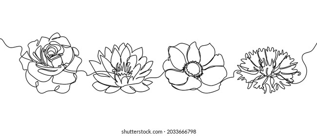 Flores de una línea de arte. Dibujo continuo de plantas, flores, flor, naturaleza, loto, rosa, anémona, flor de maíz.