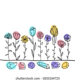Flowers in one line style at white background with gems underground. 