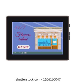 Flowers online concept vector flat illustration. Digital tablet with flower shop and buy now button on screen.