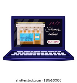 Flowers online concept vector flat illustration. Laptop with flower shop and buy now button on screen.
