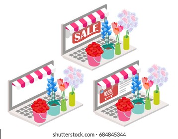 Flowers online vector illustration. 3d isometric flowers on laptop keyboard. Online shopping, e-commerce concept design elements isolated on white background.