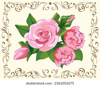 Blumen in einem offenen Rahmen.Vektorgrafik mit einem Rosenstrauß in einem schönen Rahmen auf buntem Hintergrund.