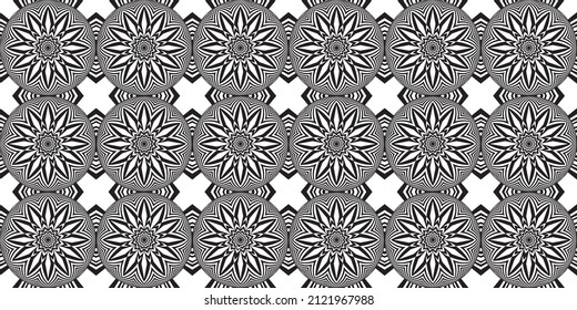 Blumen - optische Expansion Illusion. Visuelle Illusionen - optische Illusionen. Schwarz-Weiß-Design. Nahtloses Muster. Abstrakter, perforierter Hintergrund mit schwachem Effekt. Psychedelische optische Täuschung