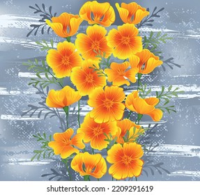 Flowers of orange, California poppy on gray, textured background, painted over with stripes of white paint.