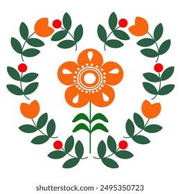 flowers orange color style Scandinavian folk art ,floral greeting card on pattern