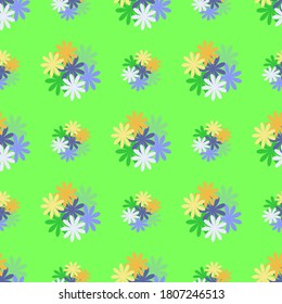 Flowers are orange, green, lilac large abstract on a light green background. Pattern for textiles, background, Wallpaper, packaging paper, fabric.