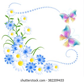 Flowers ornament and butterflies isolated on white background