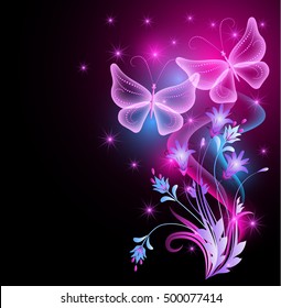Flowers ornament, glowing stars and transparent magic butterflies