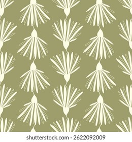 Flowers ornament pattern, hand drawn doodle creme flowers on pastel green background. Botanical design.