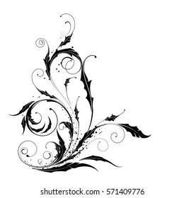 Flowers ornamental beautiful and swirls design element silhouette in black.