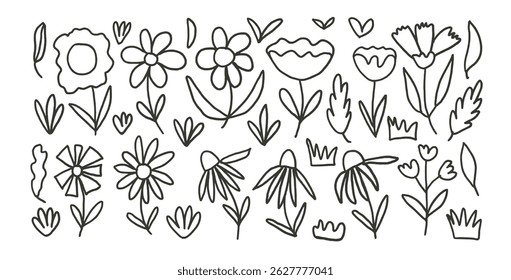 Flowers outline charcoal drawn set. Naive floral doodle isolated on white background. Daisy, grass, leaves black sketch hand drawn elements. Vector childish style scribble illustration by pencil.