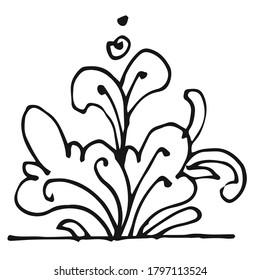 Flowers. Outline hand drawing. Bottom horizontal frame. Isolated vector object on white background. Unusual fabulous plants. A naive, simple fantasy style. Ink.