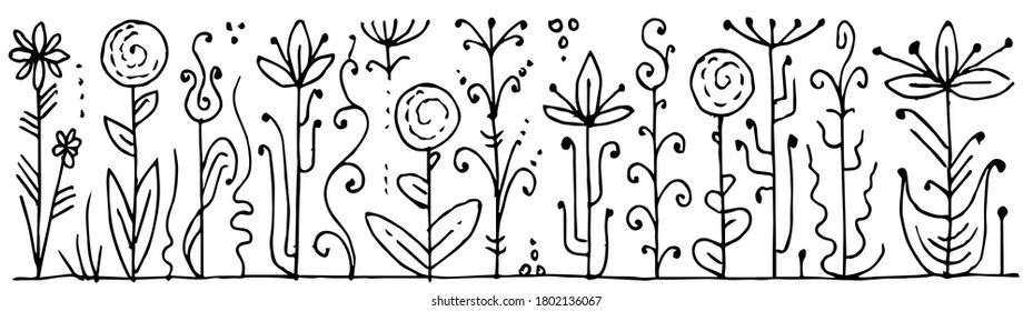 Flowers. Outline hand drawing. Isolated vector object on white background. Unusual fabulous plants. A naive, simple fantasy style. Ink.