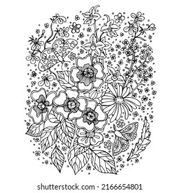 Flowers outline illustration. lobelia flowers, chamomile, delphinium and butterfly in botanical style. Stock line vector illustration. Outline hand drawing coloring page for adult coloring book.